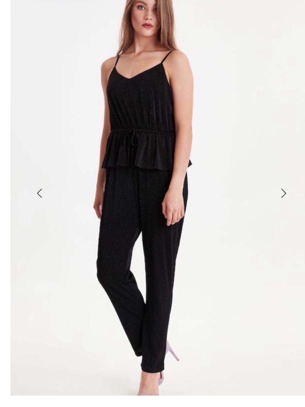 ICHI Women’s Black Spaghetti-Strap Peplum Jumpsuit with Drawstring Waist